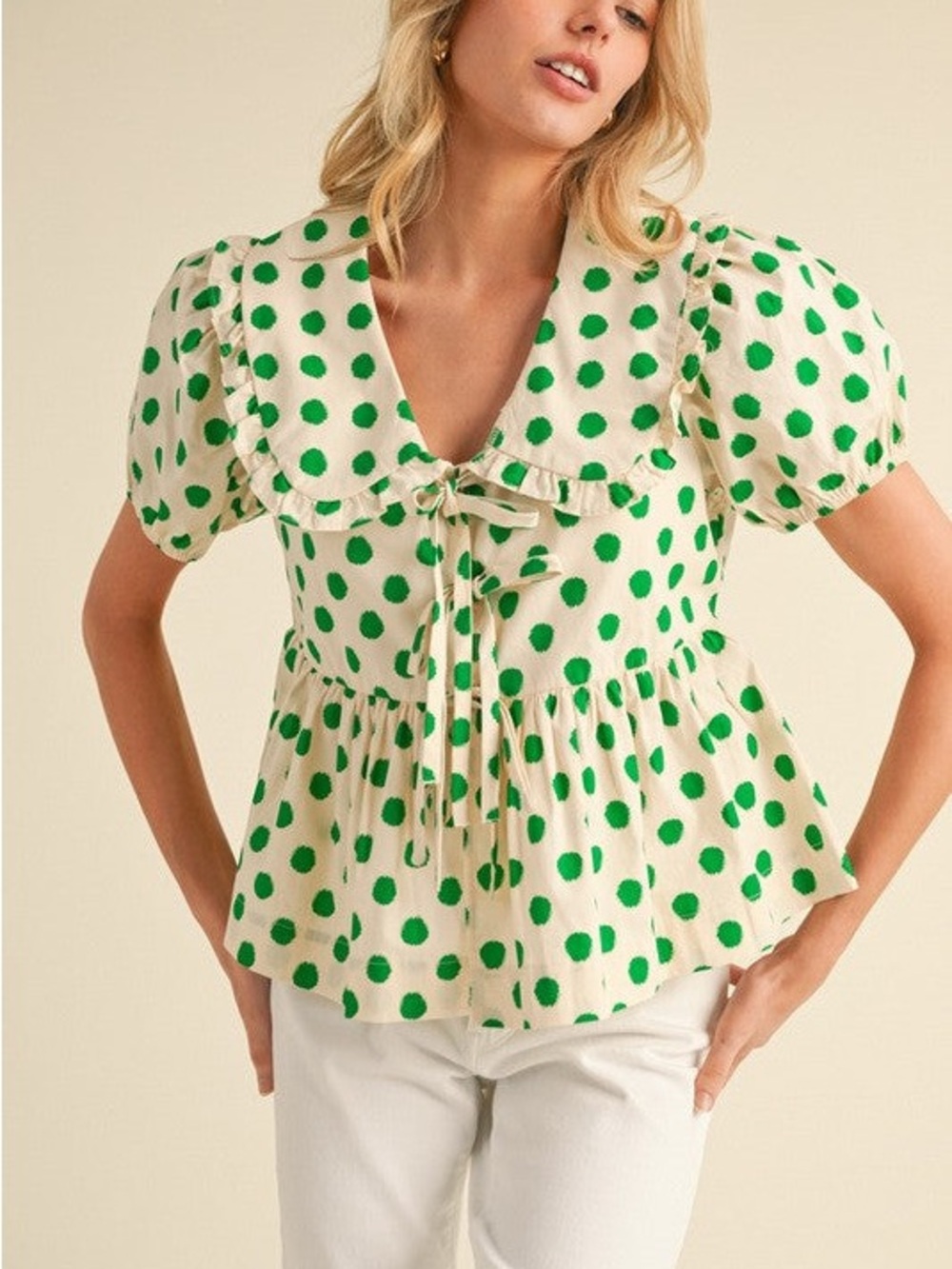 Green Polka Dot Tie-Front Peplum Blouse